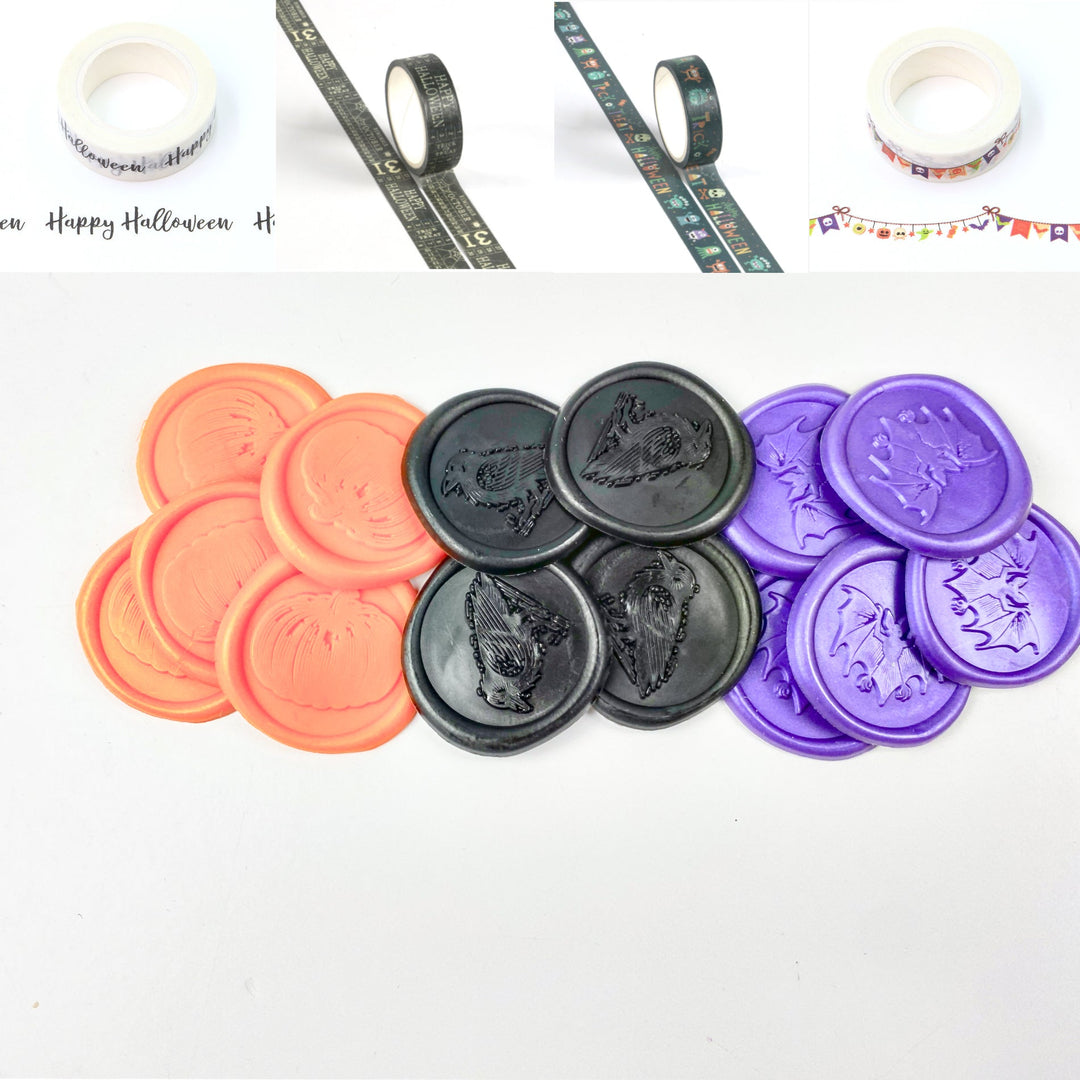 15 Halloween Linocut Designs Adhesive Wax Seals & 4 Washi Tape Collection-LetterSeals.com