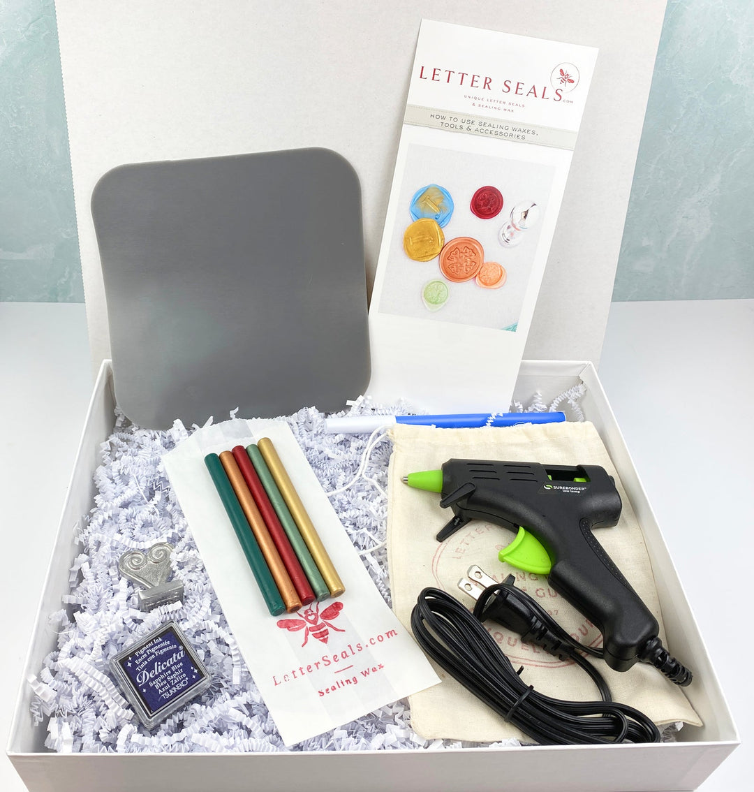 Initial Stamp, Mini Glue Gun & Sealing Wax Gift Set-LetterSeals.com